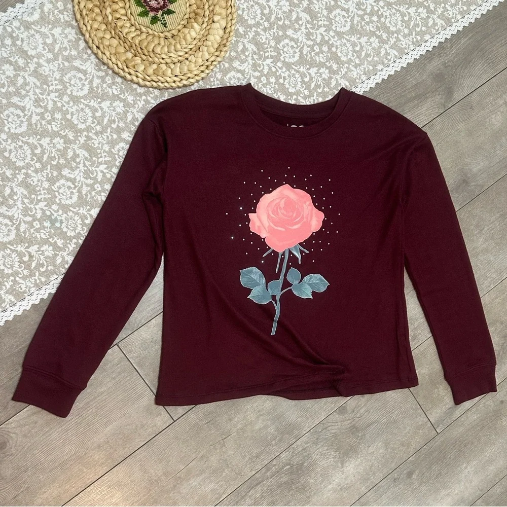 New SO Girls Rose Floral Graphic Long Sleeve Pullover Buttery Soft Size Large